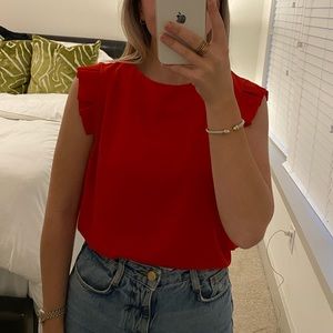 Red Pleated Sleeve Blouse